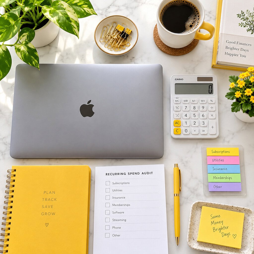 How to Cut Business Costs Without Hurting Growth 3 Top-down recurring-spend audit uses a calculator, closed laptop, and color tabs to cut business costs by removing waste.