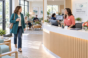 Returning patient enters a bright clinic reception after email marketing outreach as a coordinator welcomes her.