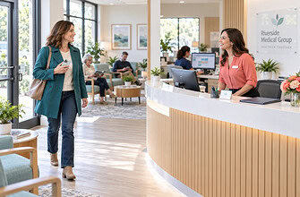 Returning patient enters a bright clinic reception after email marketing outreach as a coordinator welcomes her.