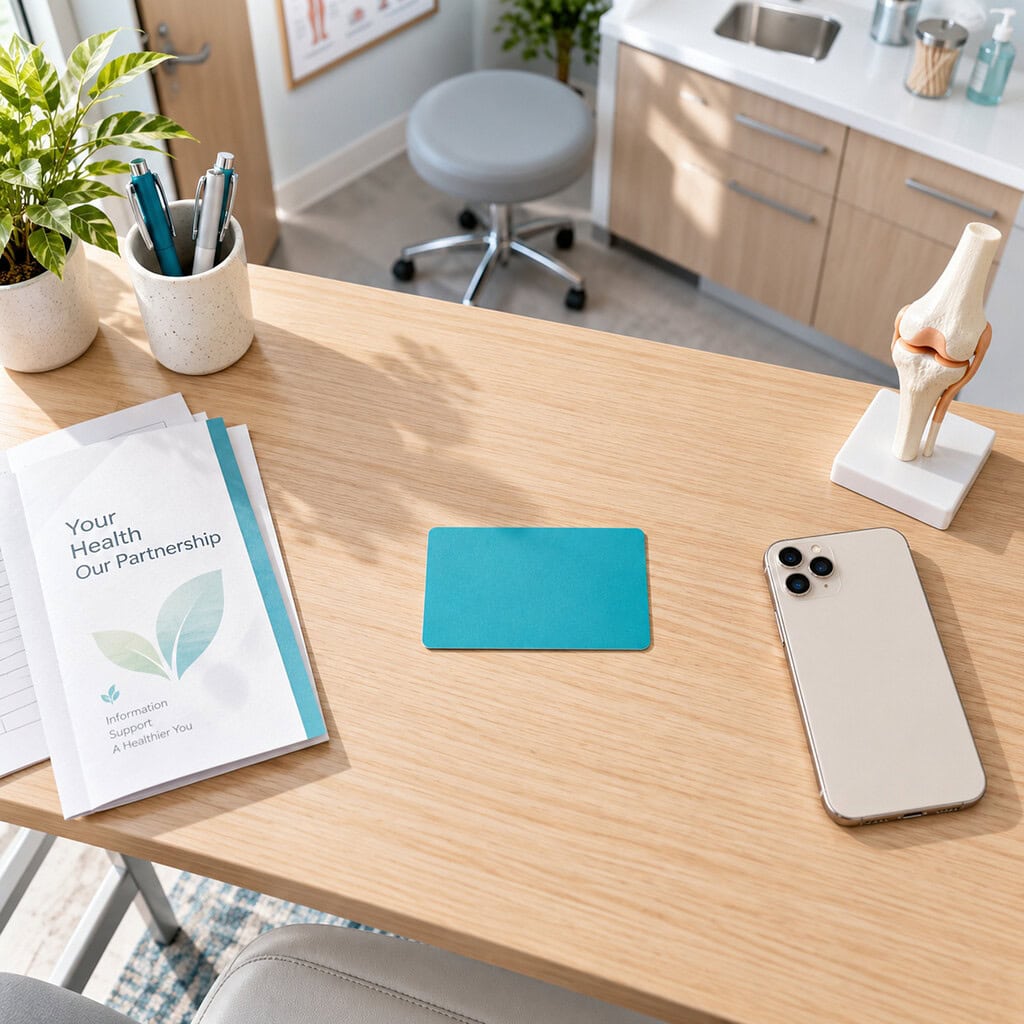 Email Marketing: How to Get More Patients With Newsletters That Work 3 Patient education handout, face-down phone, and booking card show email marketing focused on one useful action.