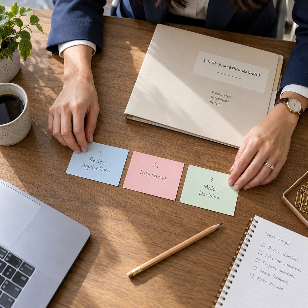 How to Prepare for a Job Interview as an Employer 3 Employer interview preparation as a hiring manager arranges color-coded cards beside a closed role folder in a quiet office.