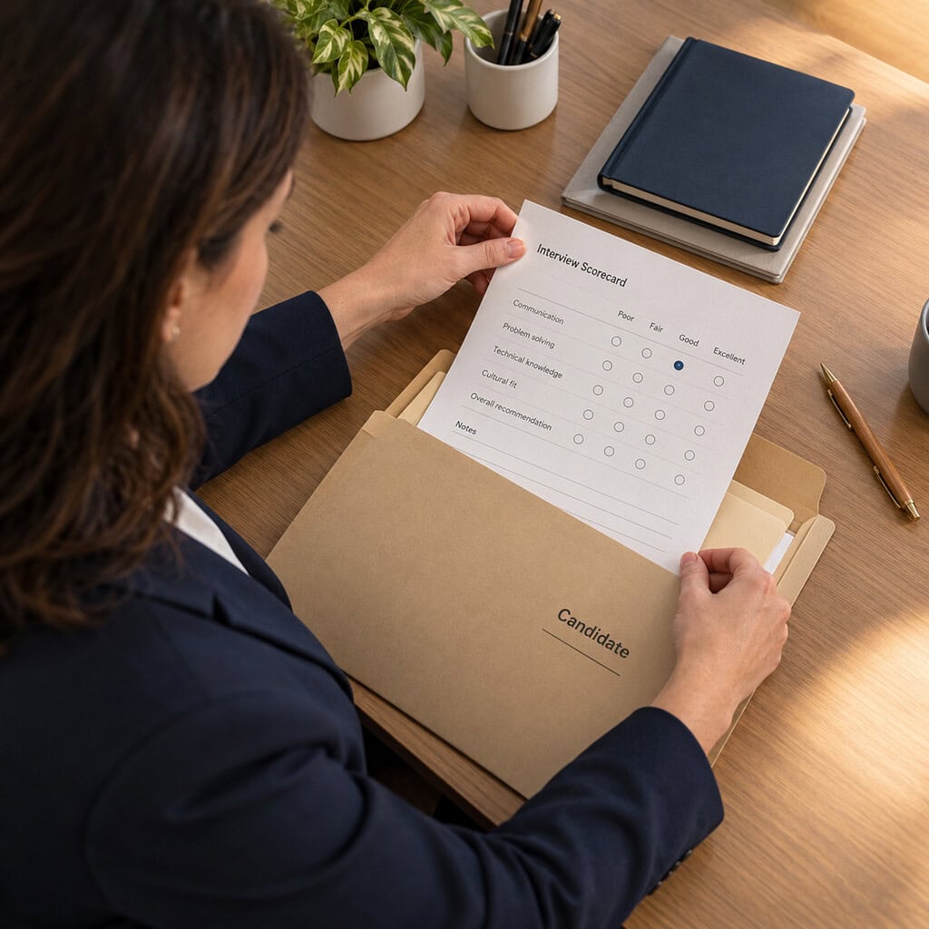 How to Prepare for a Job Interview as an Employer 8 Employer interview preparation with a hiring manager closing an evidence folder after placing the completed scorecard inside.