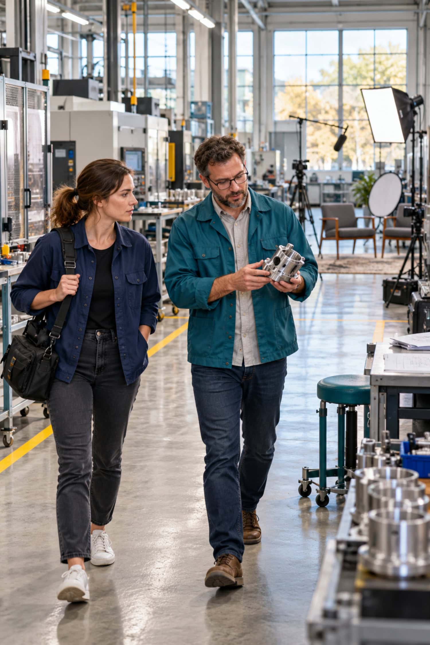 How to Start a Film Production Company With a Viable Model 9 Film production company filmmaker walks a factory floor with a buyer toward an interview setup carrying a metal component.