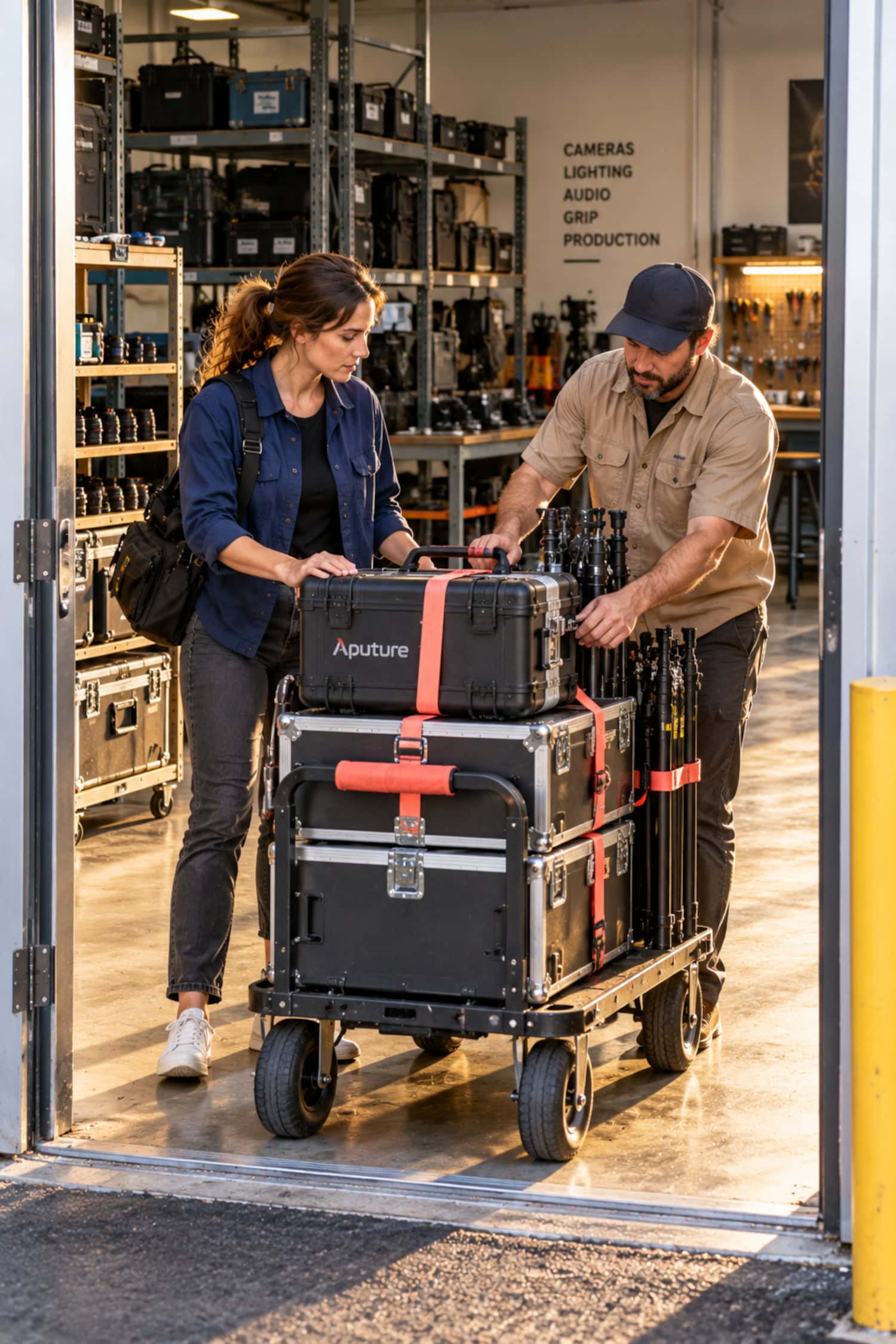How to Start a Film Production Company With a Viable Model 11 Film production company founder receives a rented lighting package for a booked project at a clean equipment rental house.