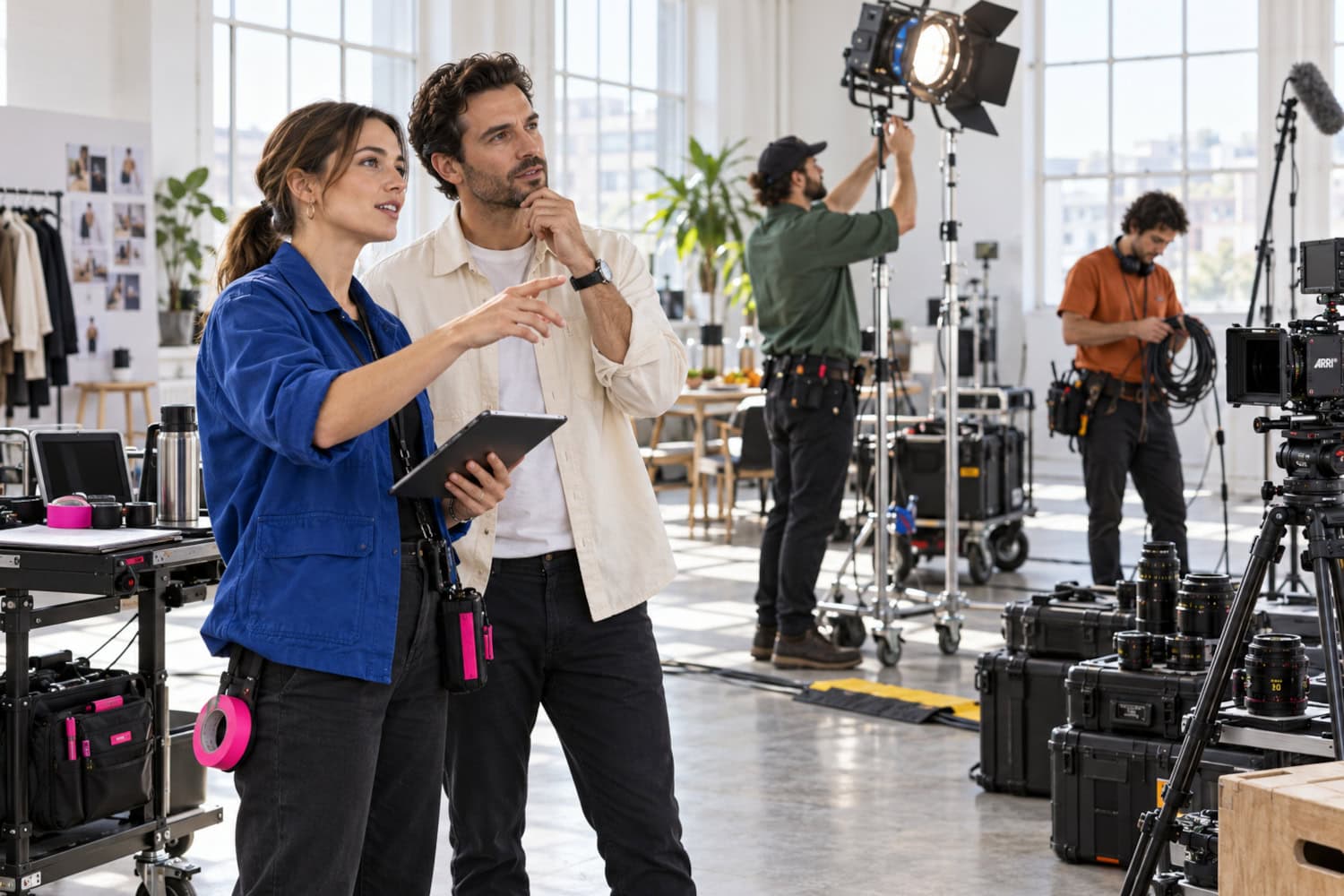 How to Start a Film Production Company With a Viable Model 8 Film production company founder with a paying client as freelance crew reset rented lighting and audio gear in a studio.