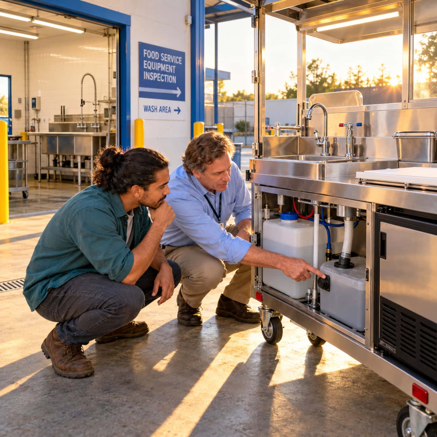 A food cart business buyer watches a health inspector check the wastewater tank and equipment plate beside a handwashing sink.