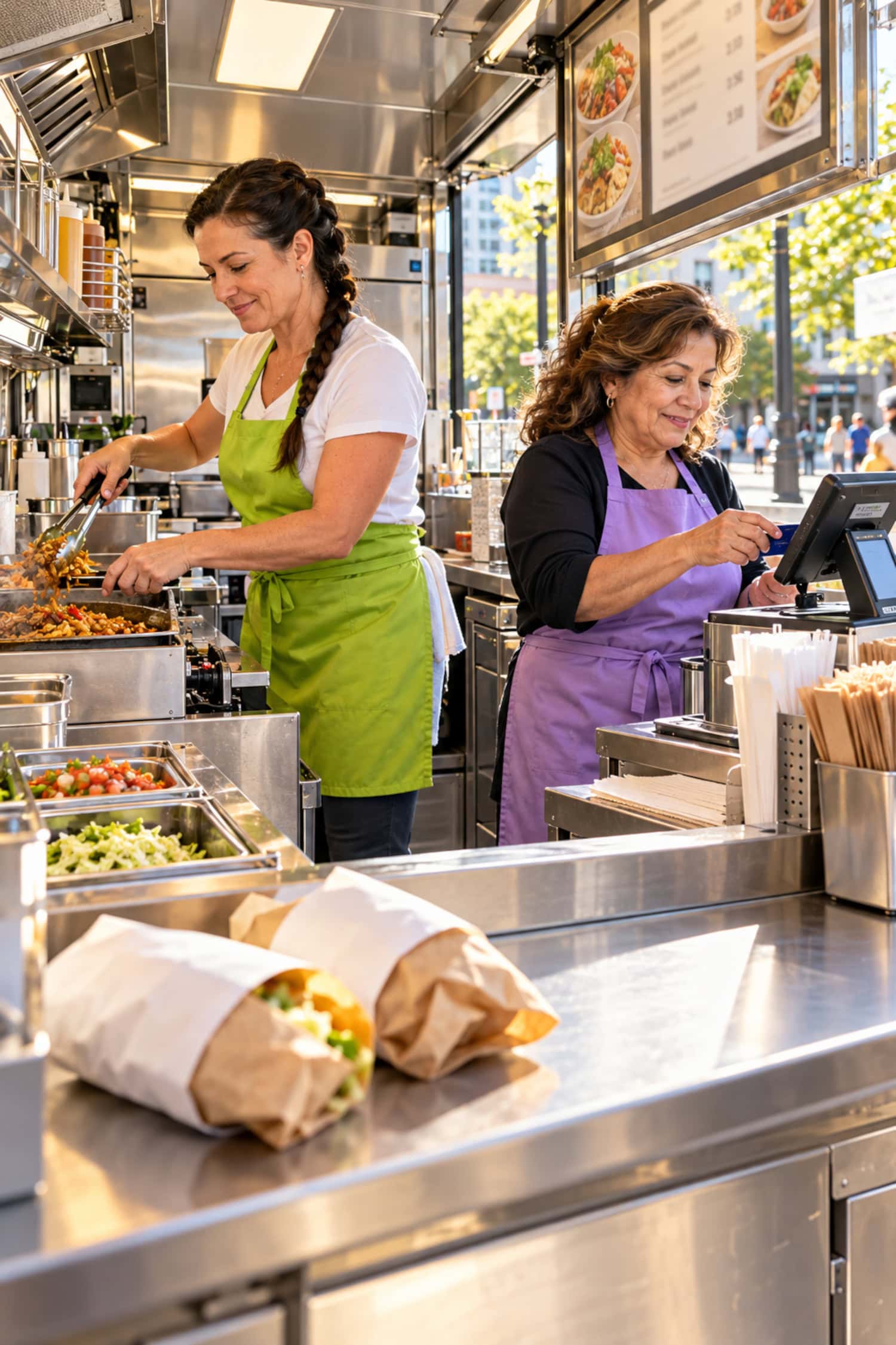 A food cart business owner cooks during lunch service while a cashier handles payments beside a dedicated pickup shelf.