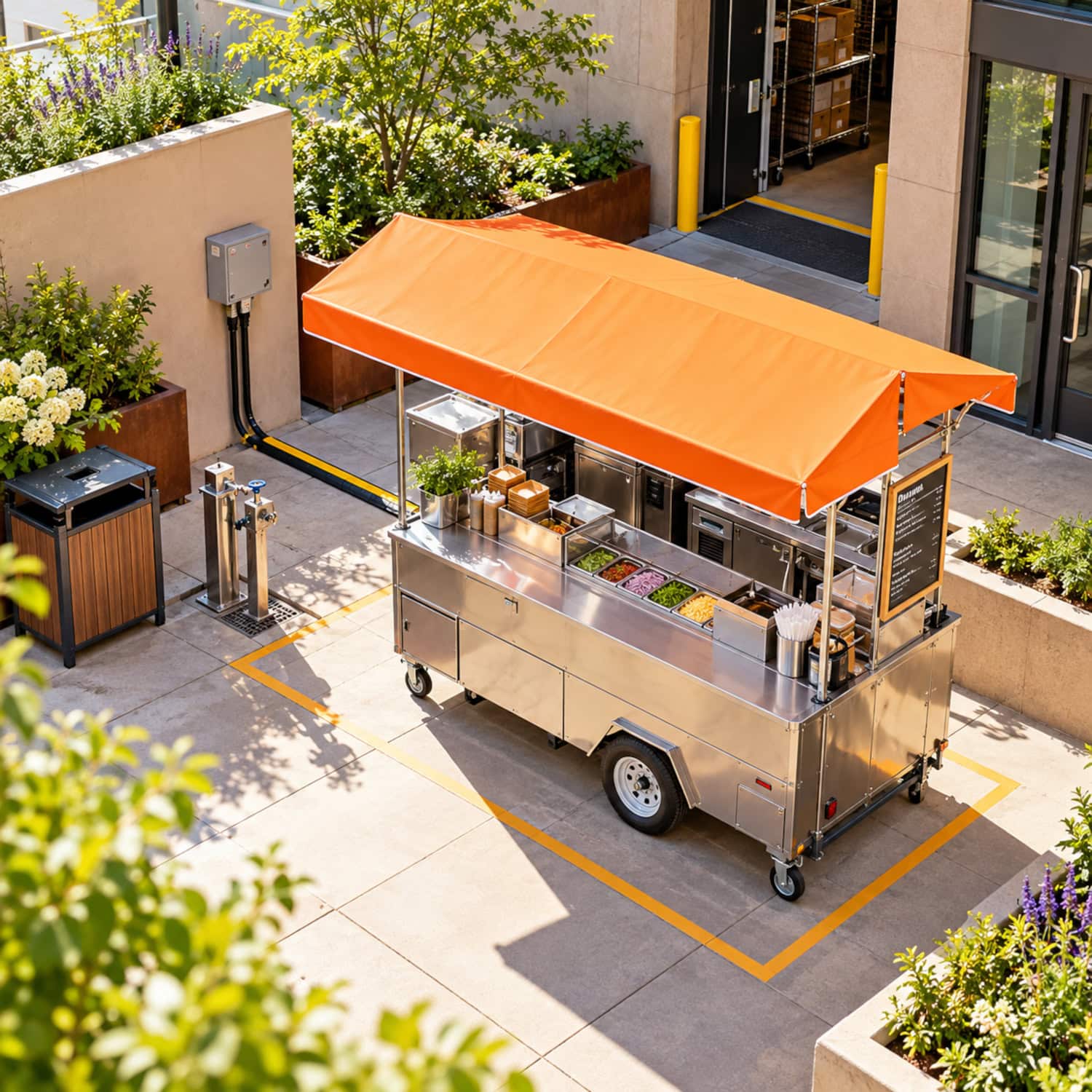 A food cart business stands in a private courtyard vending bay beside a power hookup, water point, and clear loading lane.
