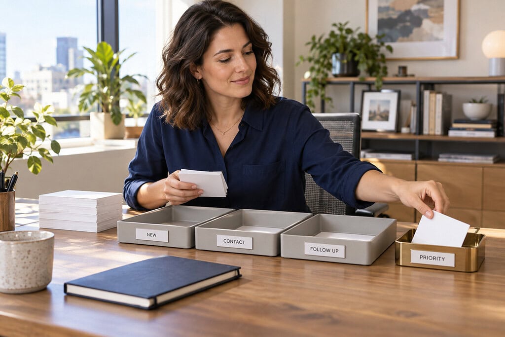 How to Generate More Sales Leads in 2026 2 Business owner sorting prospect cards into a smaller priority tray at a modern office desk to generate more sales leads.