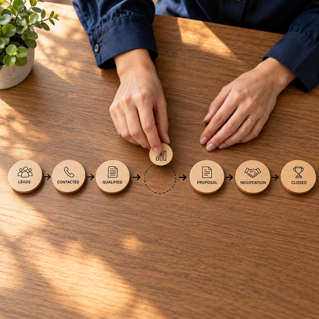 How to Generate More Sales Leads in 2026 6 Hands marking the largest gap in wooden funnel-stage tokens to generate more sales leads by fixing the bottleneck.