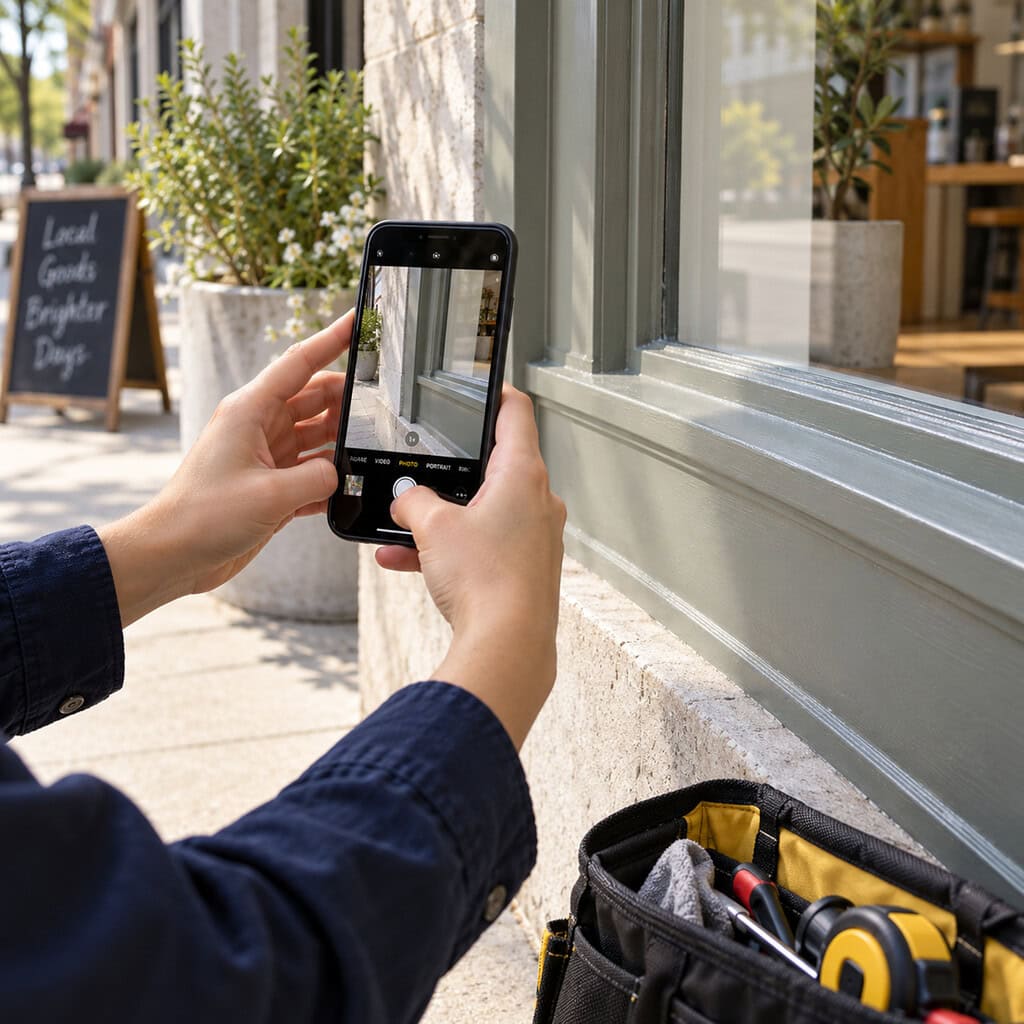 How to Generate More Sales Leads in 2026 4 Hands photographing a repaired storefront window with a smartphone to generate more sales leads through local SEO.