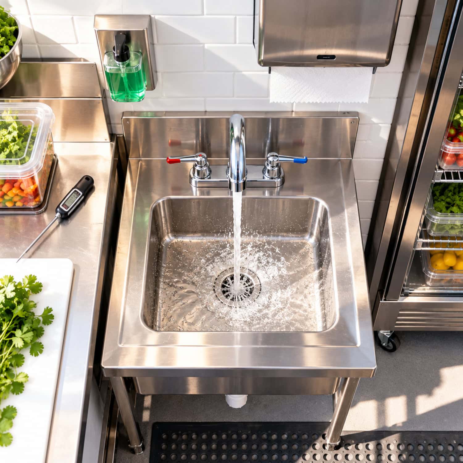 Ghost kitchen business handwashing station with running water, splash guard and clean commercial food-prep surfaces.