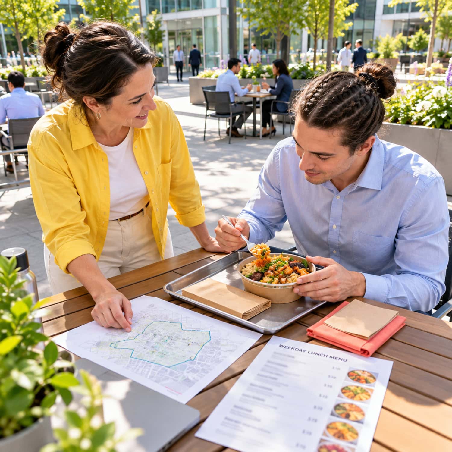 Ghost kitchen business founder tests an office-lunch sample with a customer beside a neighborhood delivery sketch.