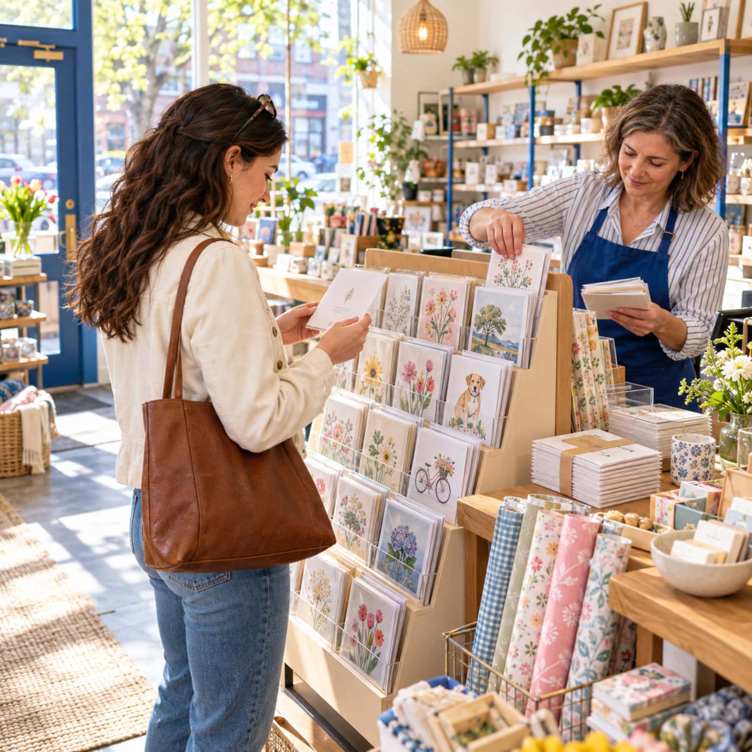 How to Start a Greeting Card Business Without Dead Stock 11 Greeting card business shopper reads a card as a boutique clerk restocks a proven local display.