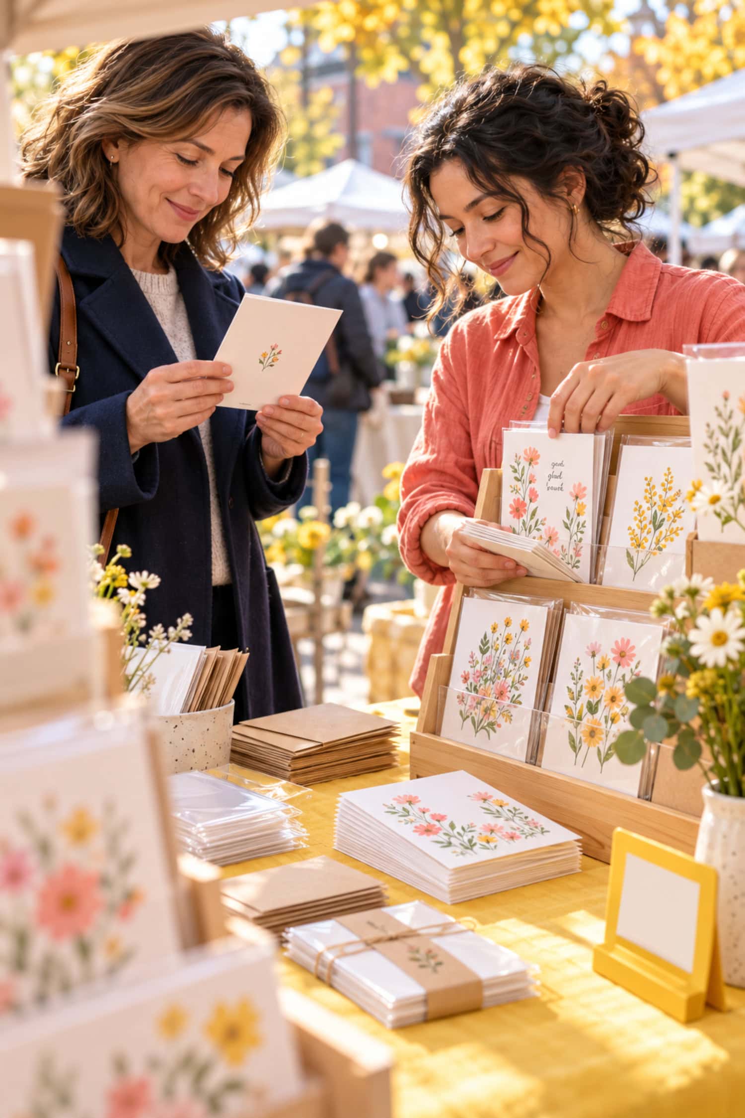 How to Start a Greeting Card Business Without Dead Stock 13 Greeting card business maker restocks proven designs while a customer chooses a card at a craft market.
