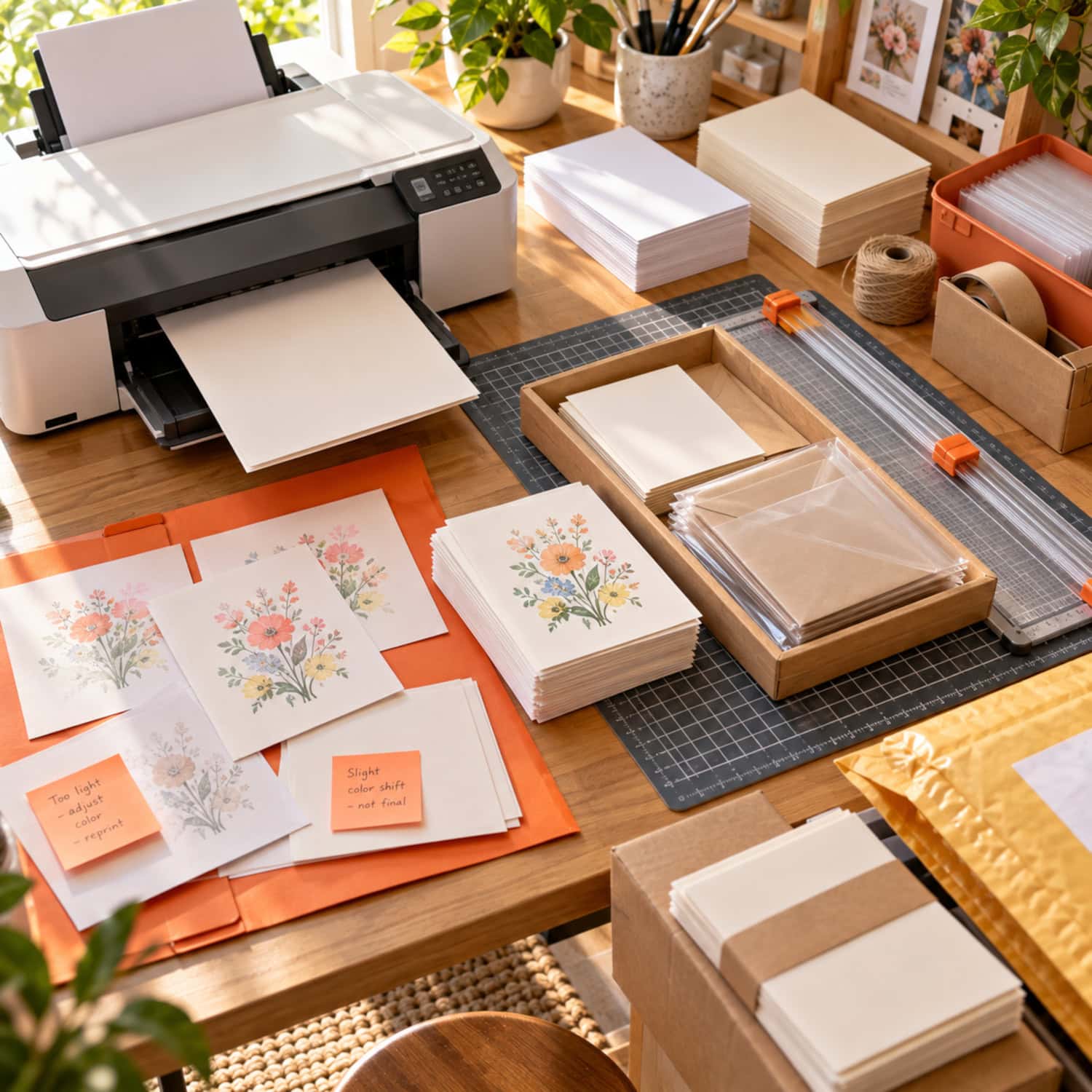 How to Start a Greeting Card Business Without Dead Stock 12 Greeting card business print setup tests thick cardstock beside approved cards and rejected sample prints.
