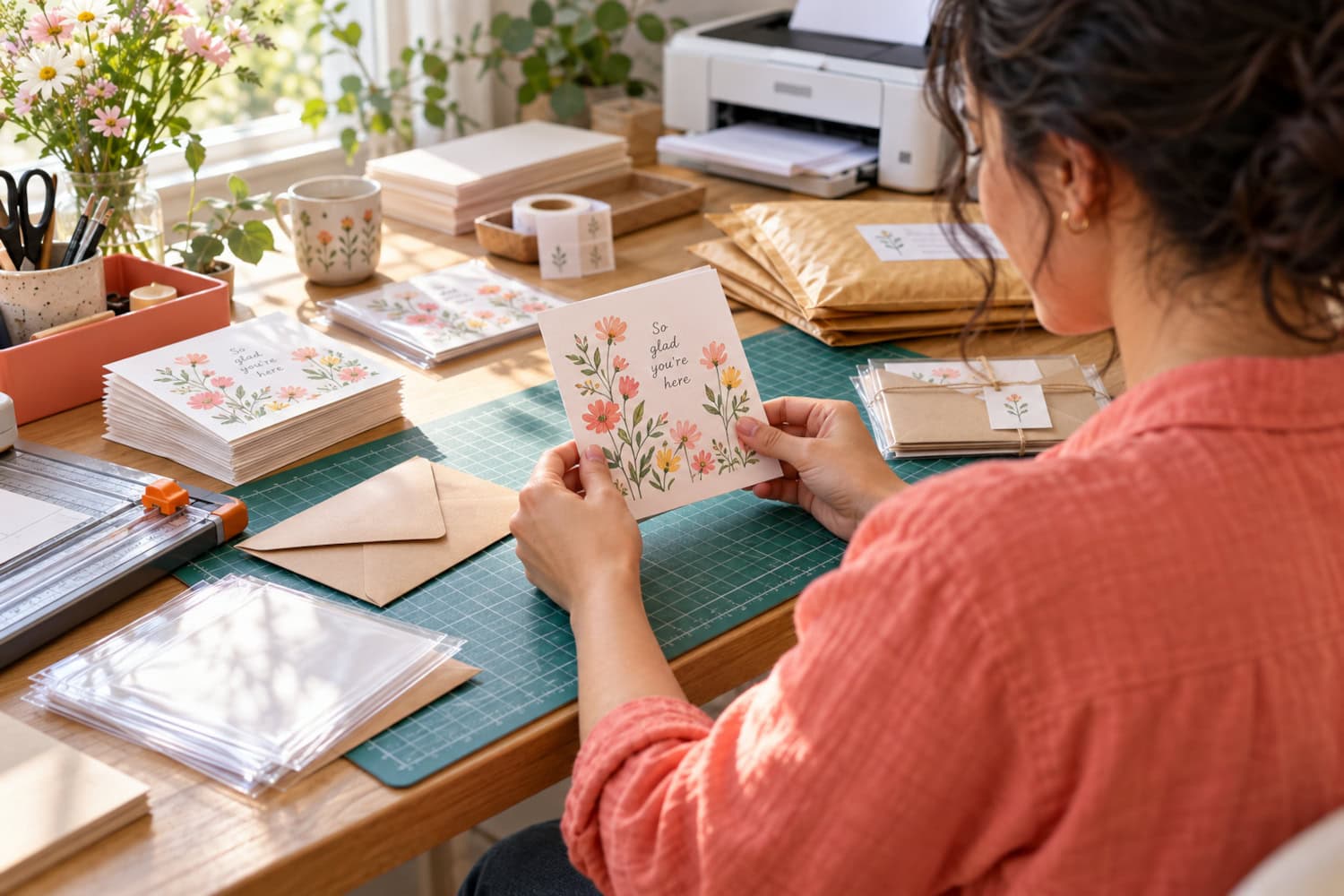 How to Start a Greeting Card Business Without Dead Stock 10 Greeting card business owner finishes a small batch with envelopes and protective packaging in a bright home studio.