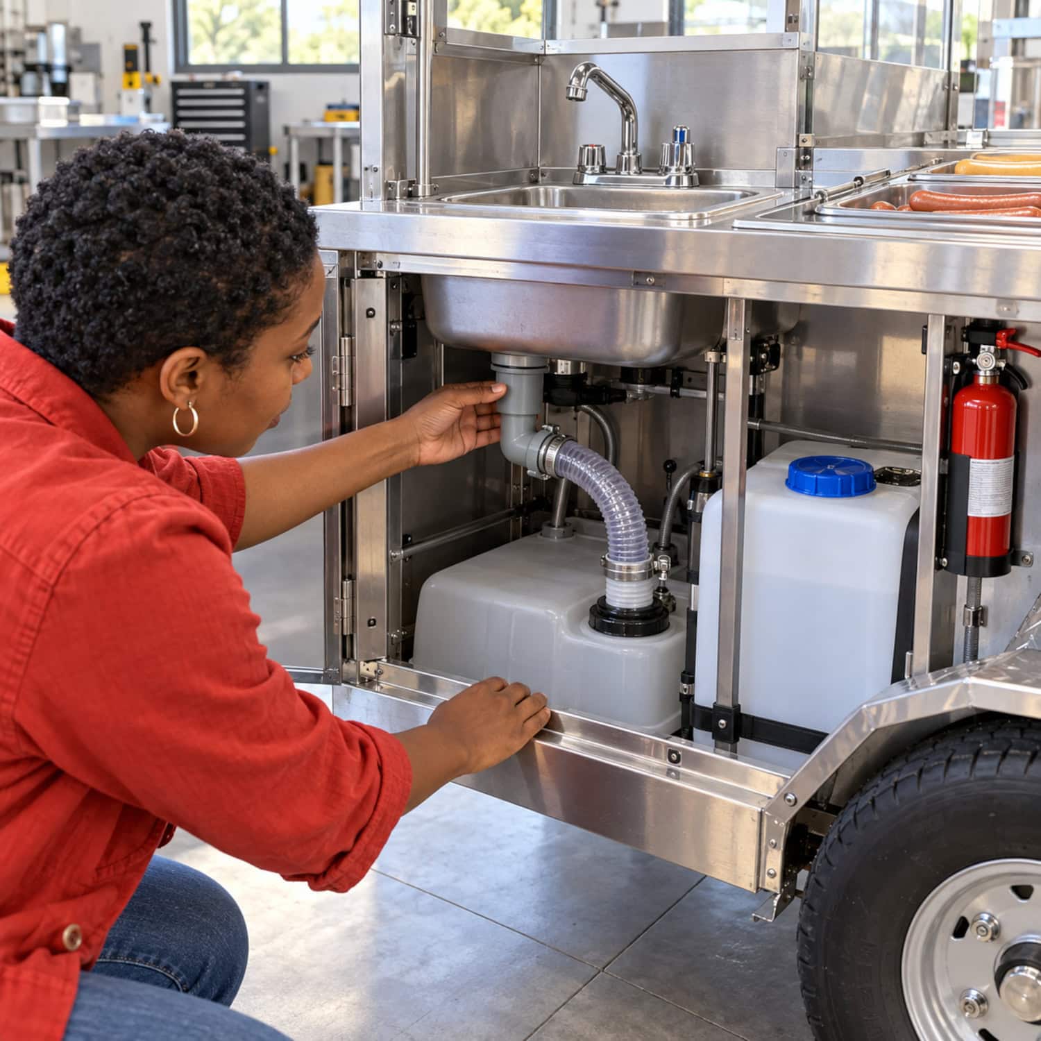 How to Start a Hot Dog Business Before You Buy a Cart 26 Hot dog business buyer examining the drain hose and water tank under a used cart sink in a clean equipment inspection bay