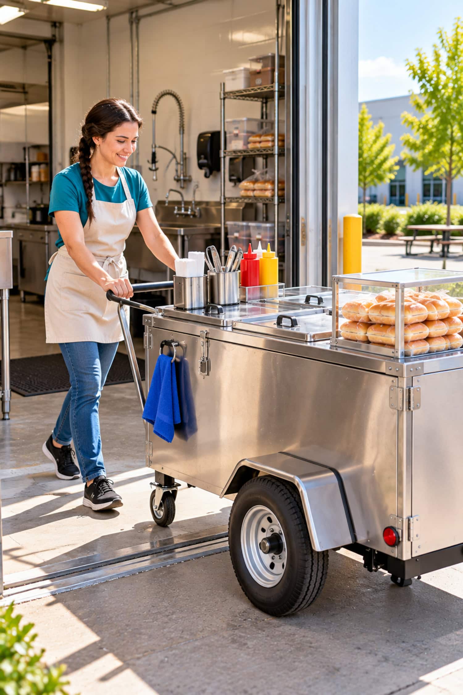How to Start a Hot Dog Business Before You Buy a Cart 27 Hot dog business owner guiding a clean vending cart from a commissary loading doorway with sanitized utensils ready for opening