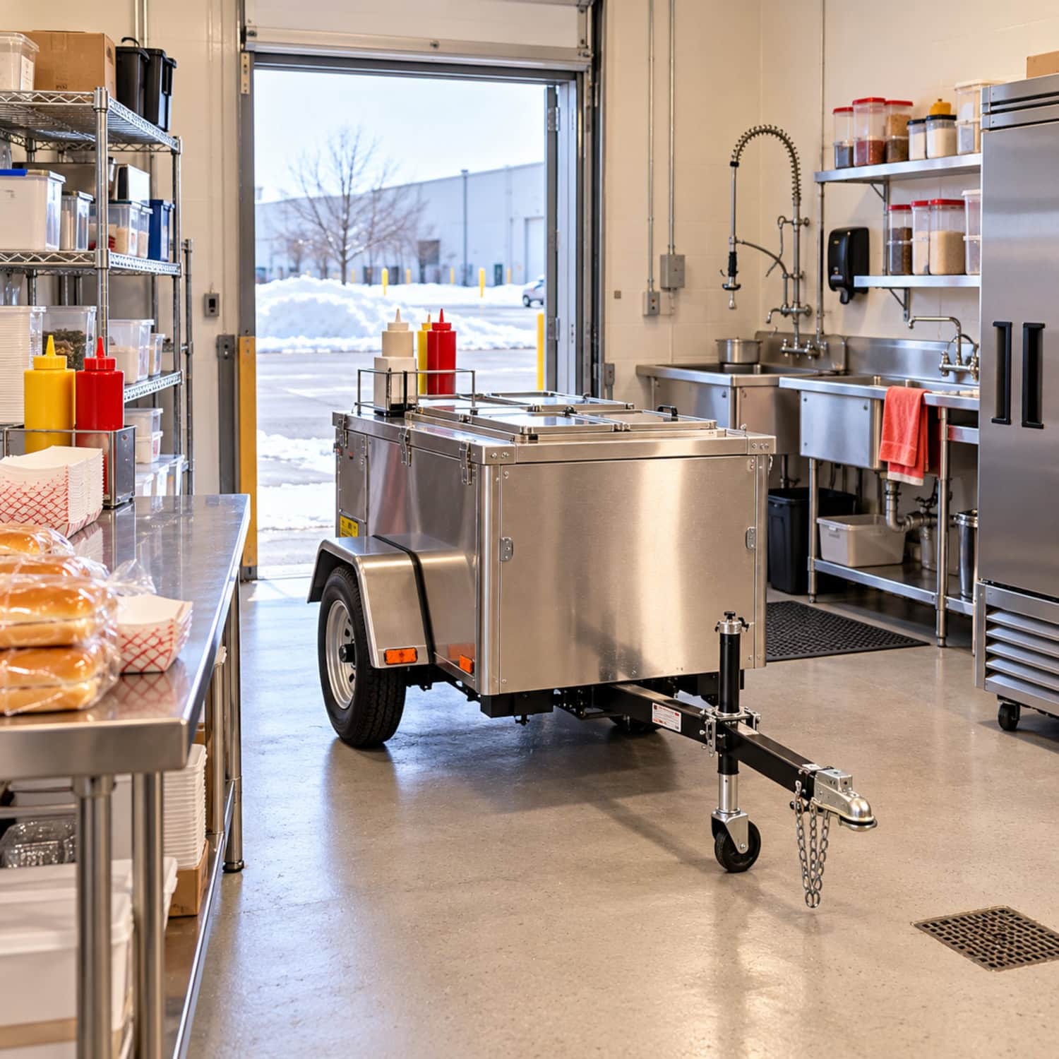How to Start a Hot Dog Business Before You Buy a Cart 25 Hot dog business startup supplies and a rented cart staged in a bright commissary doorway with snow beyond the tow hitch