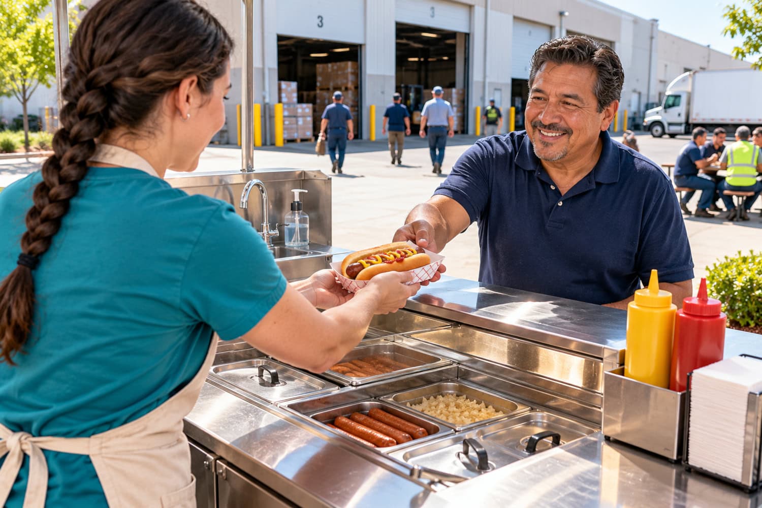 How to Start a Hot Dog Business Before You Buy a Cart 24 Hot dog business owner serving a warehouse lunch customer from a stainless cart beside a loading bay and handwashing sink