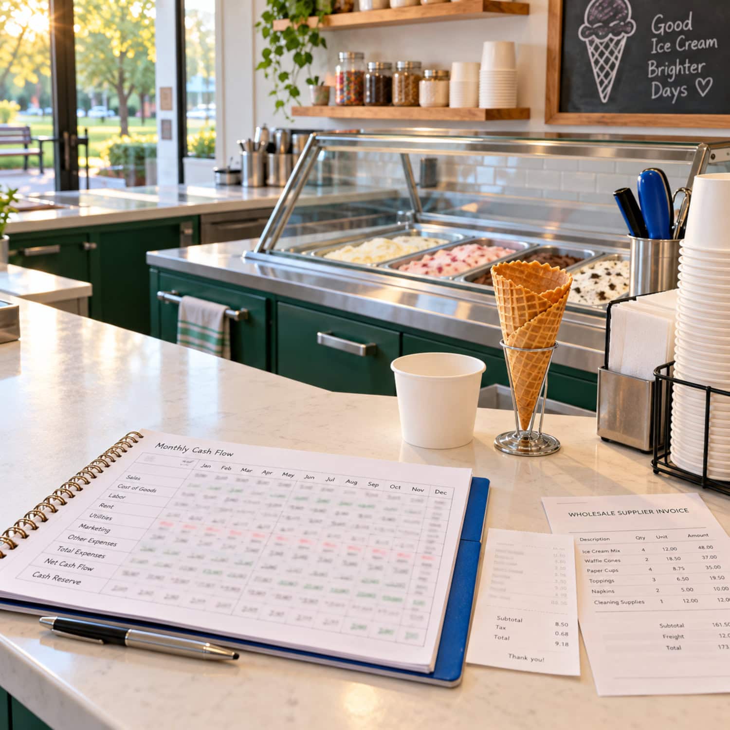 Ice cream shop startup costs illustrated by an open monthly cash worksheet, a cone, a cup, and supplier invoice.
