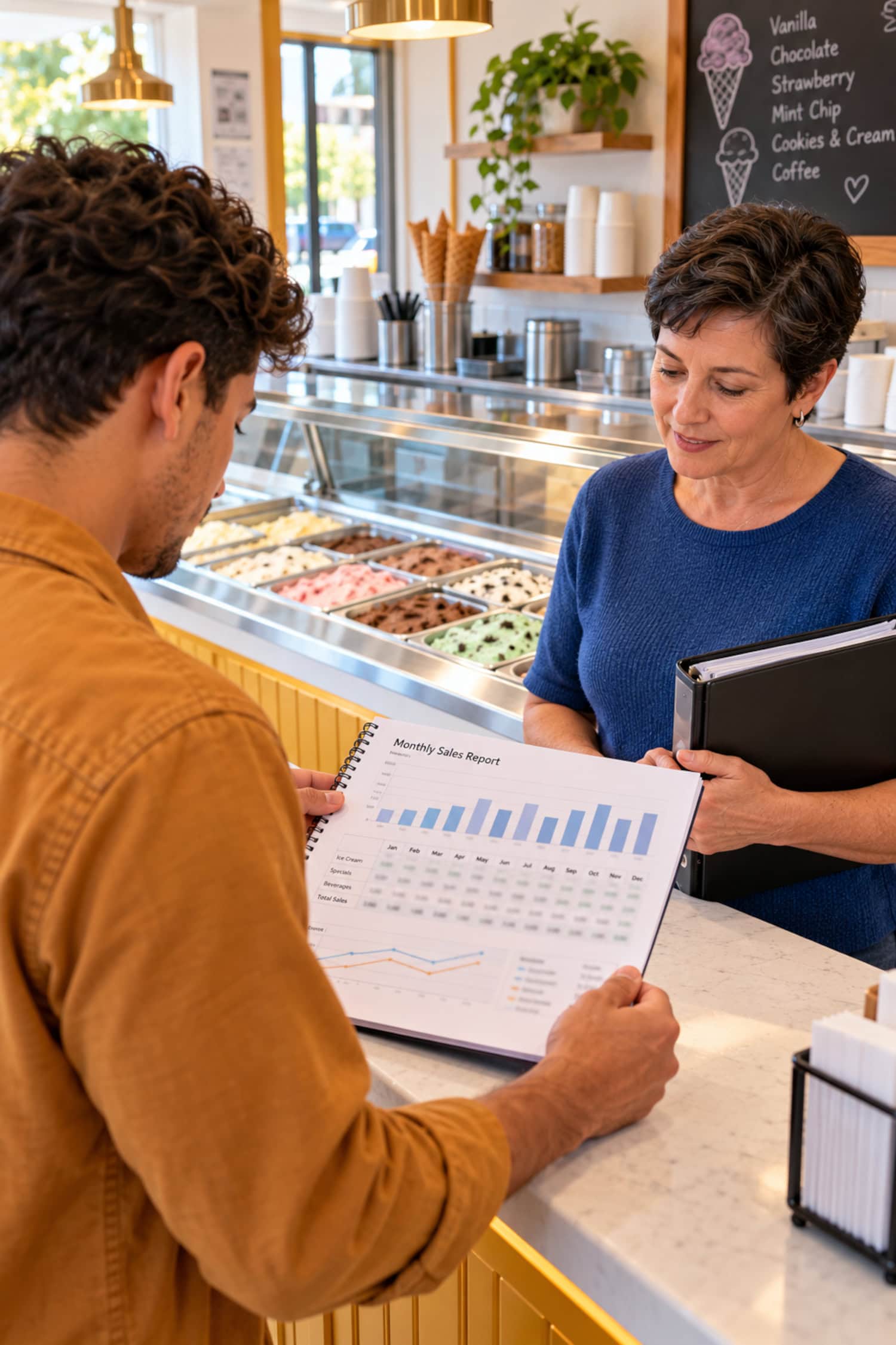 Ice cream shop buyer reviewing seasonal sales records with a seller inside an existing storefront.