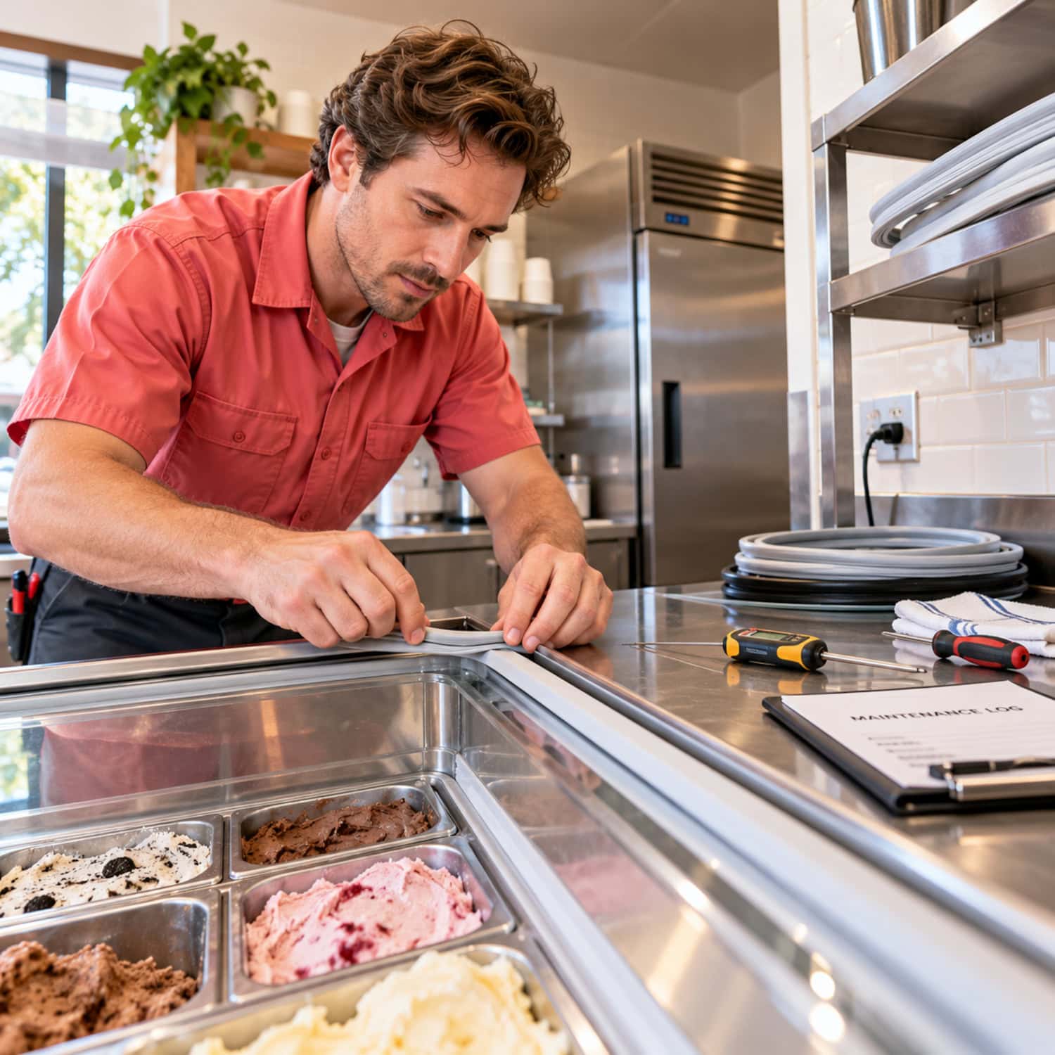 Ice cream shop refrigeration technician fitting a dipping cabinet lid seal during a service inspection.