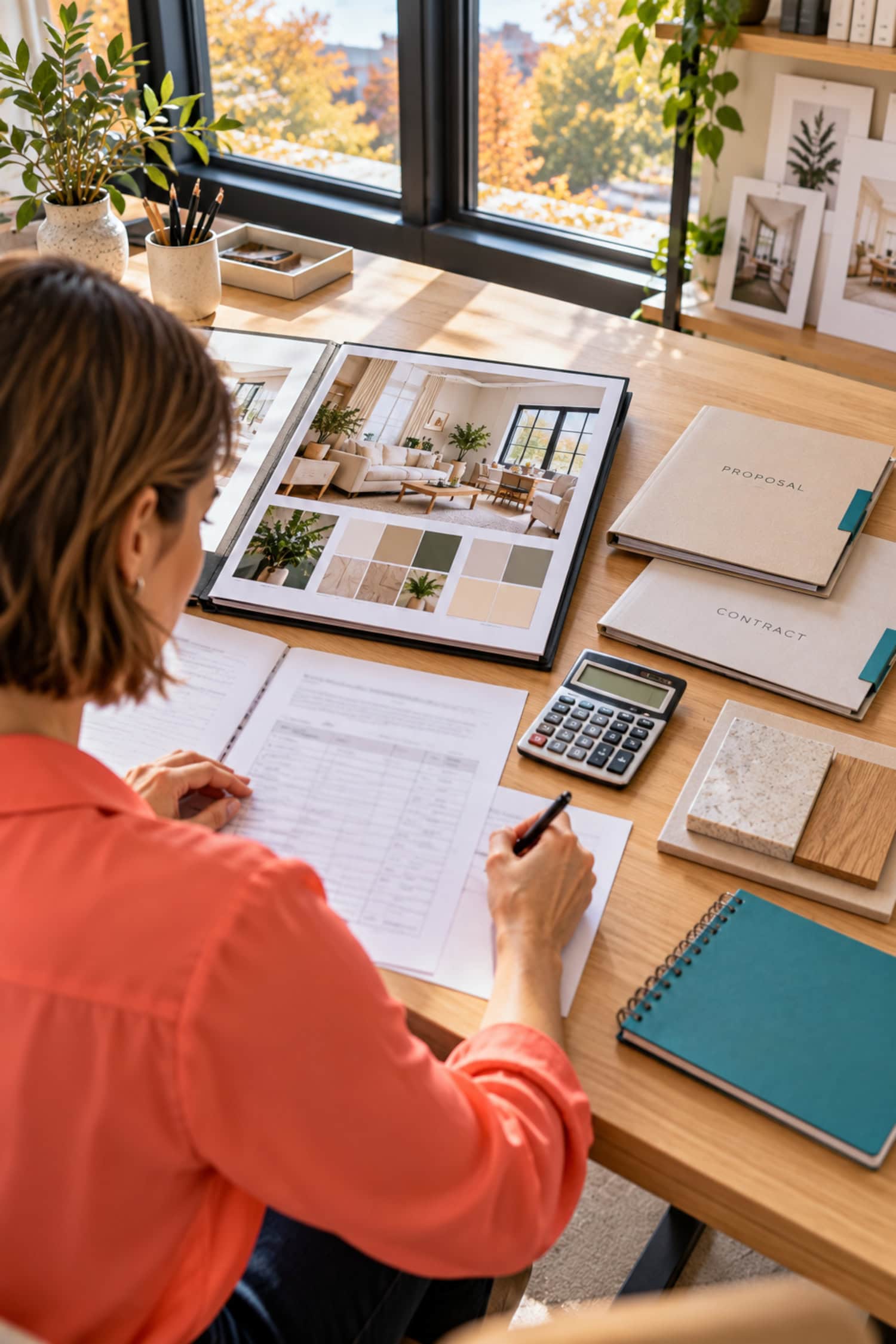 Interior design business owner reviews launch costs beside a compact portfolio and closed proposal templates.