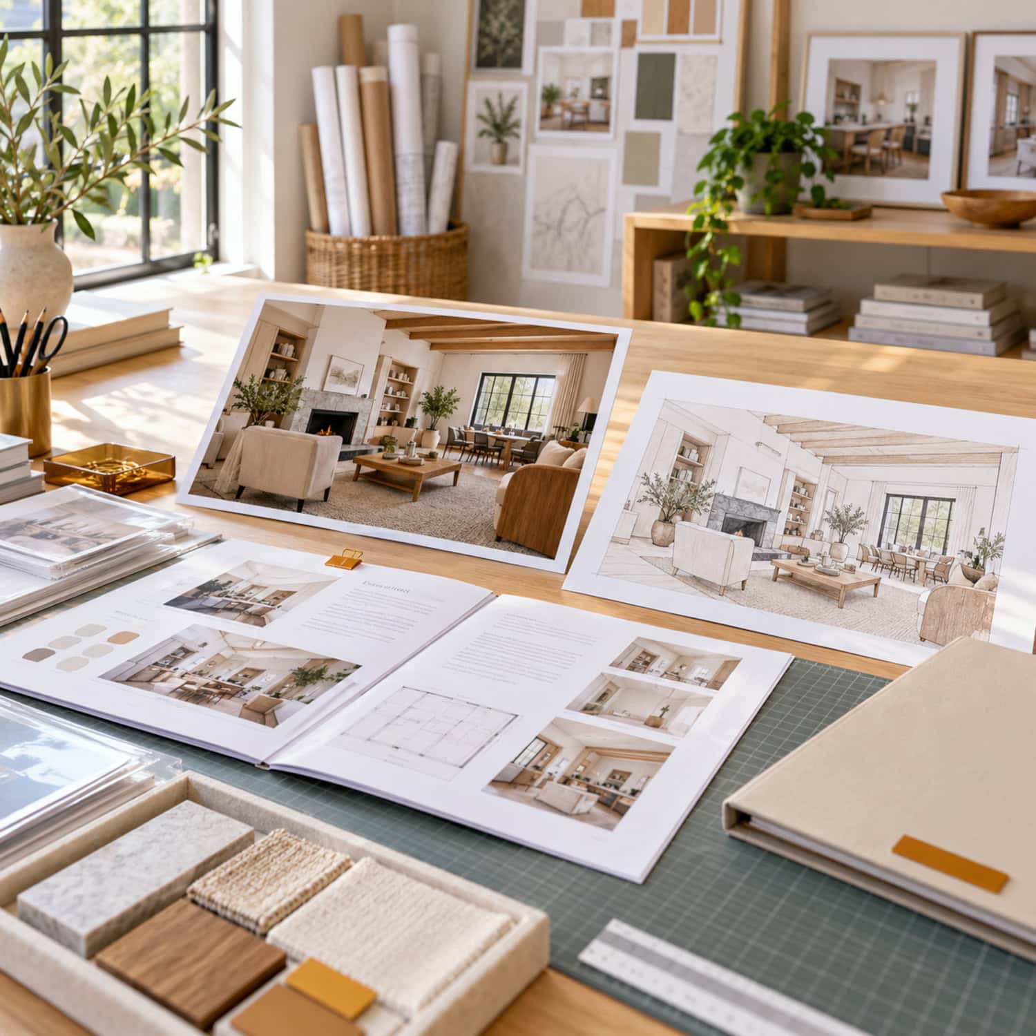 Interior design business portfolio with a finished-room photo, rendering, case study, and closed permissions folder.