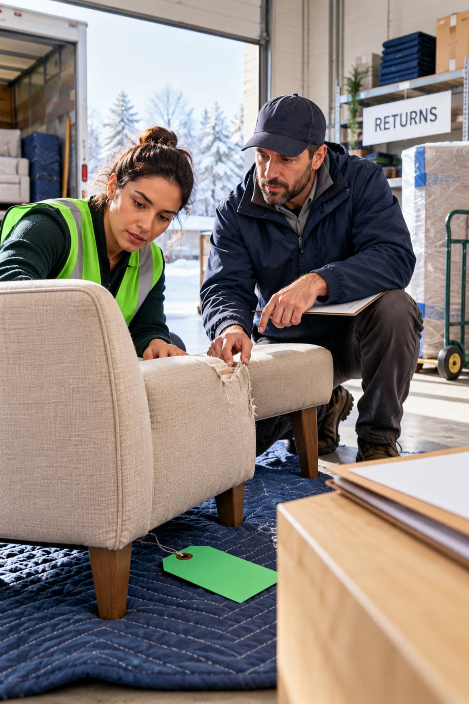 Interior design business procurement team inspects chair damage in a receiving bay before arranging a controlled return.
