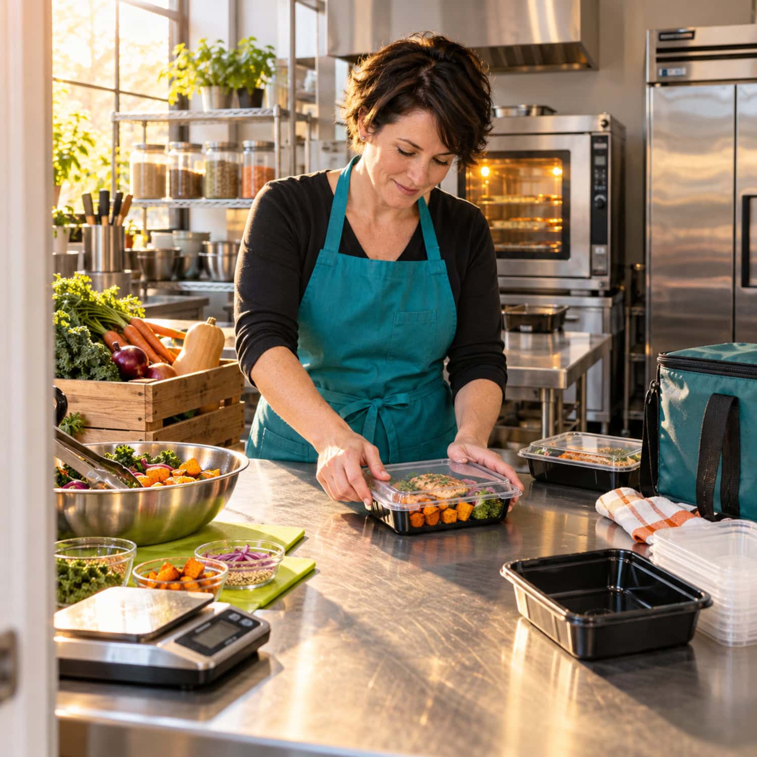 Meal prep business founder testing a reheatable food container lid near an existing oven and produce delivery crate.