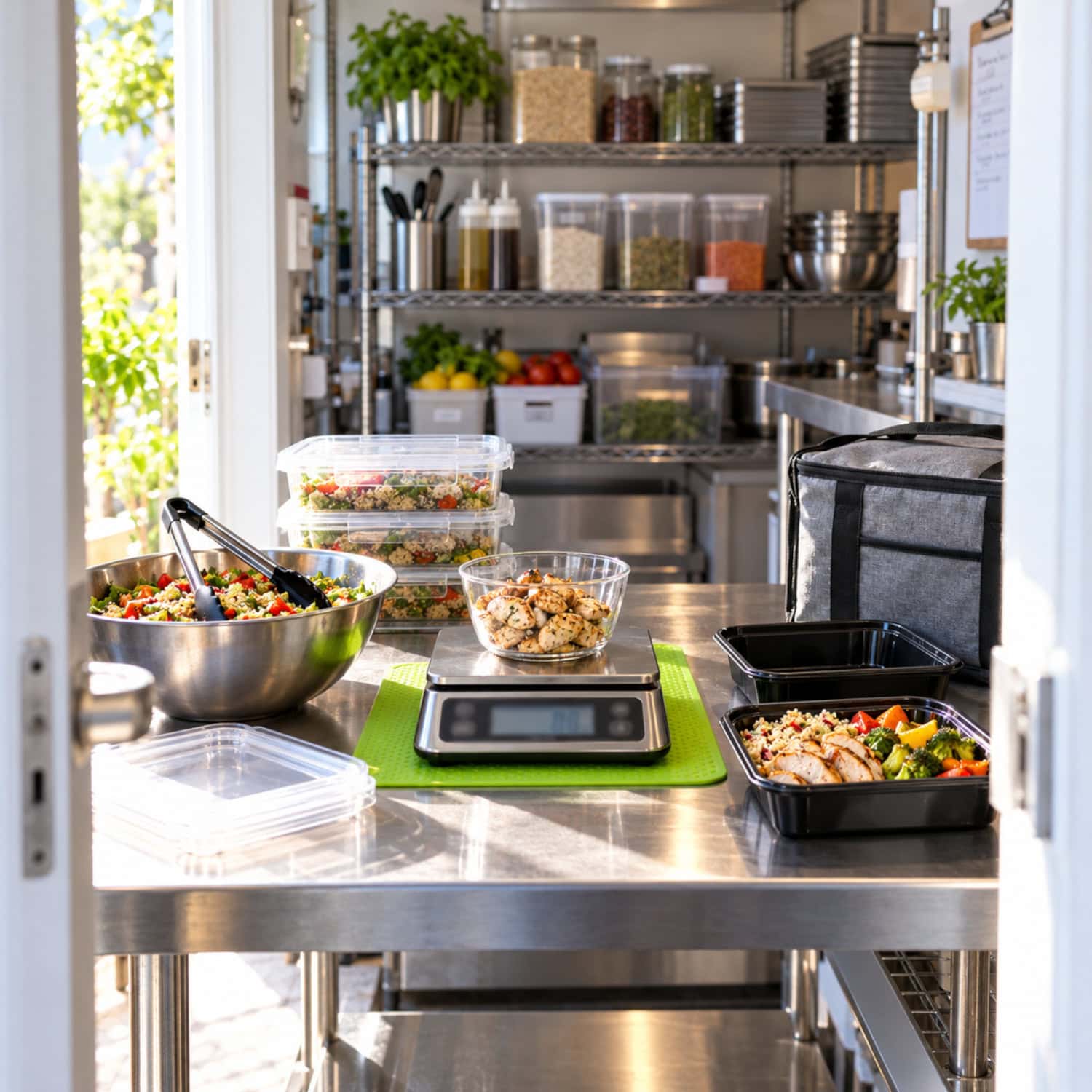 Meal prep business ingredient portion measured on a scale beside food containers and packing supplies in a costing alcove.