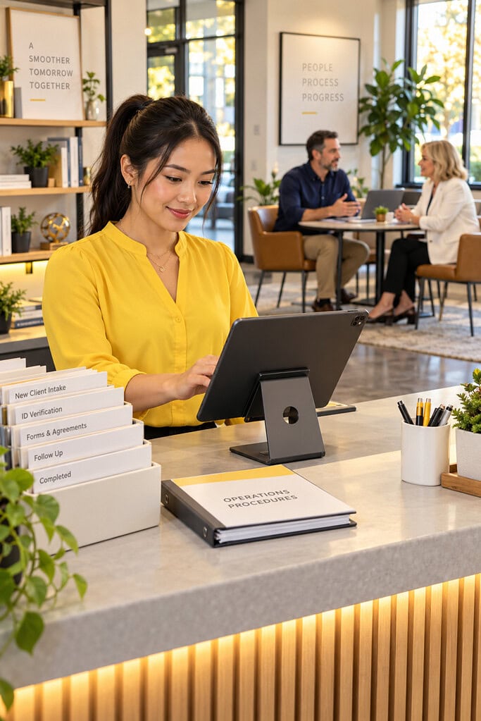 Money Mindset for Entrepreneurs: How to Build a Growth Mindset Guide 4 Money mindset for entrepreneurs shown through delegation as an assistant runs a repeatable intake system.