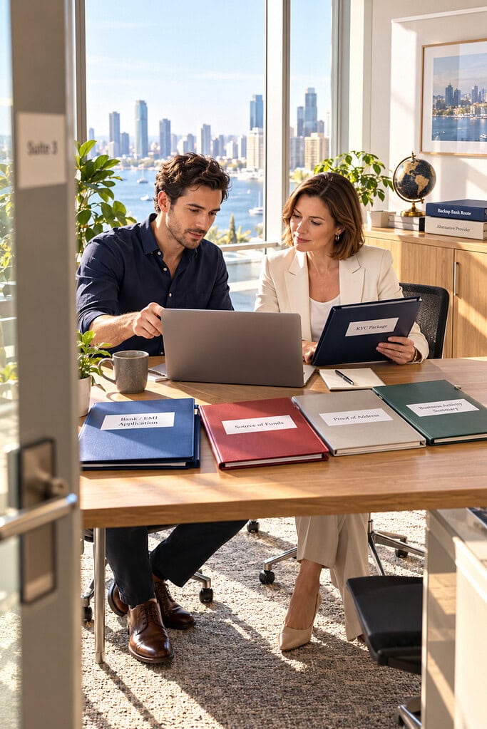 Offshore Company Formation: Benefits, Costs and Risks Explained 4 Offshore company formation banking review with a founder, compliance specialist, KYC files, and bank application.