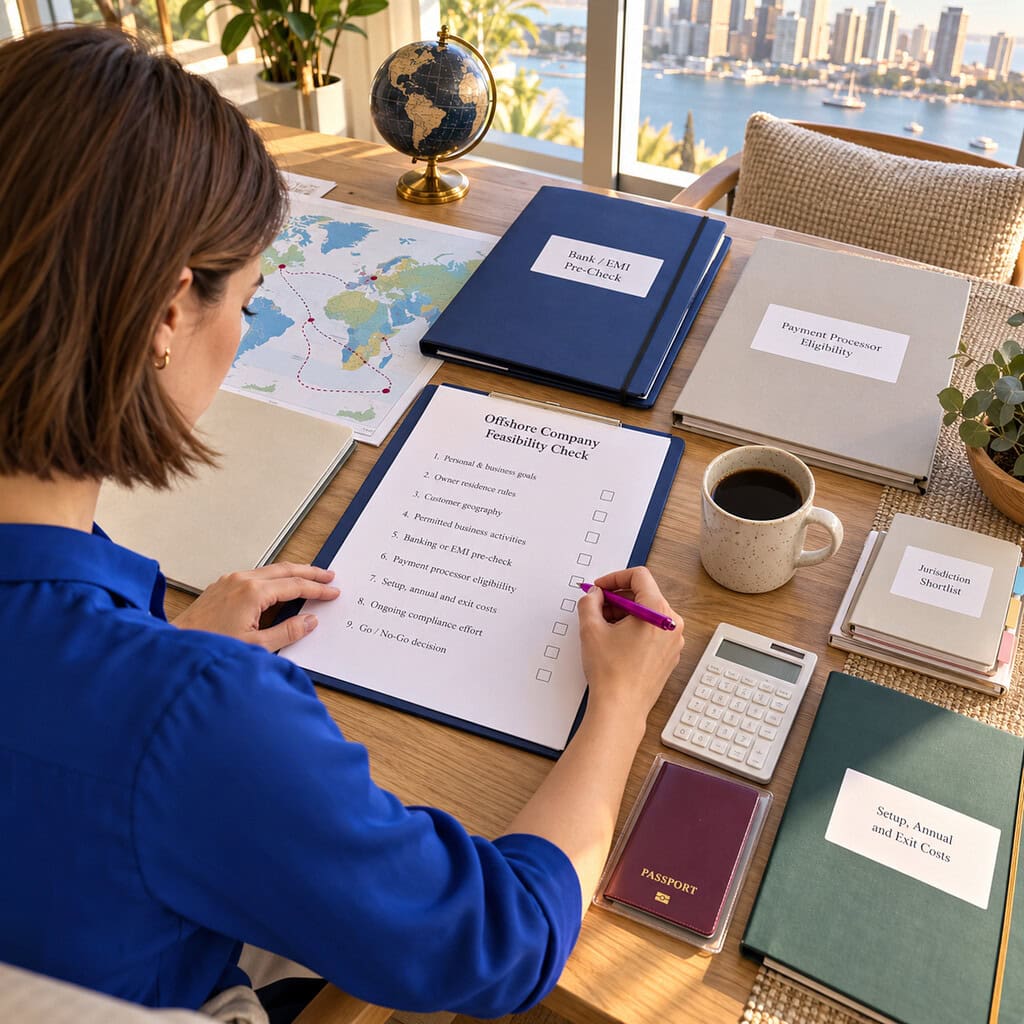 Offshore Company Formation: Benefits, Costs and Risks Explained 3 Offshore company formation feasibility check with a residence map, bank pre-check folder, and nine-step checklist.