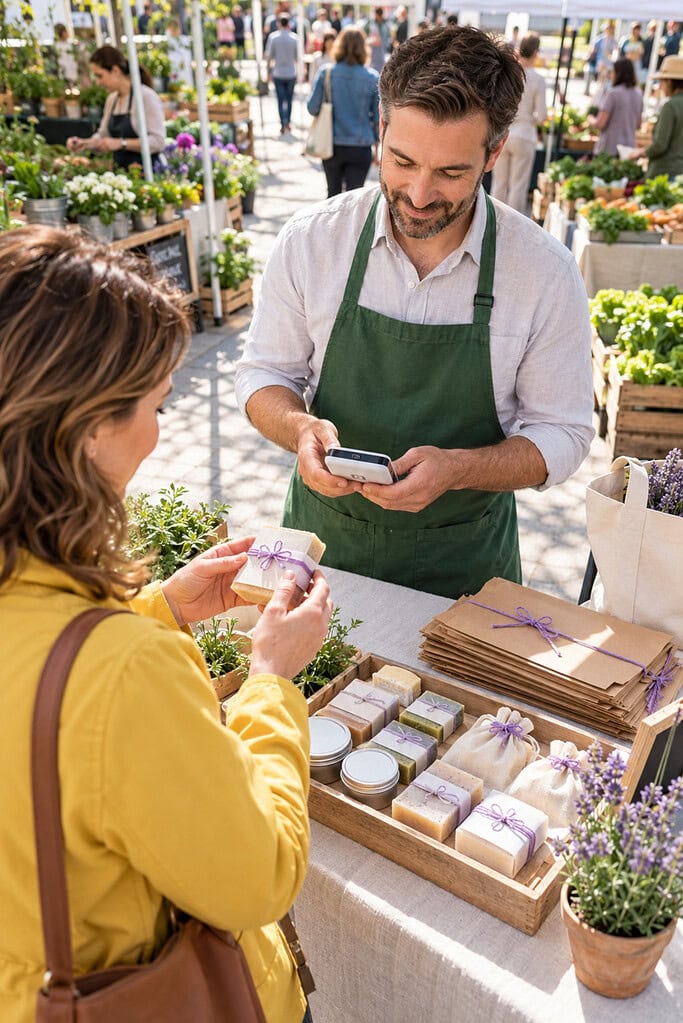 How to Start an Online Business With Less Guesswork 4 Online business seller tests a local customer channel with a product, lean stock, and a compact payment reader.