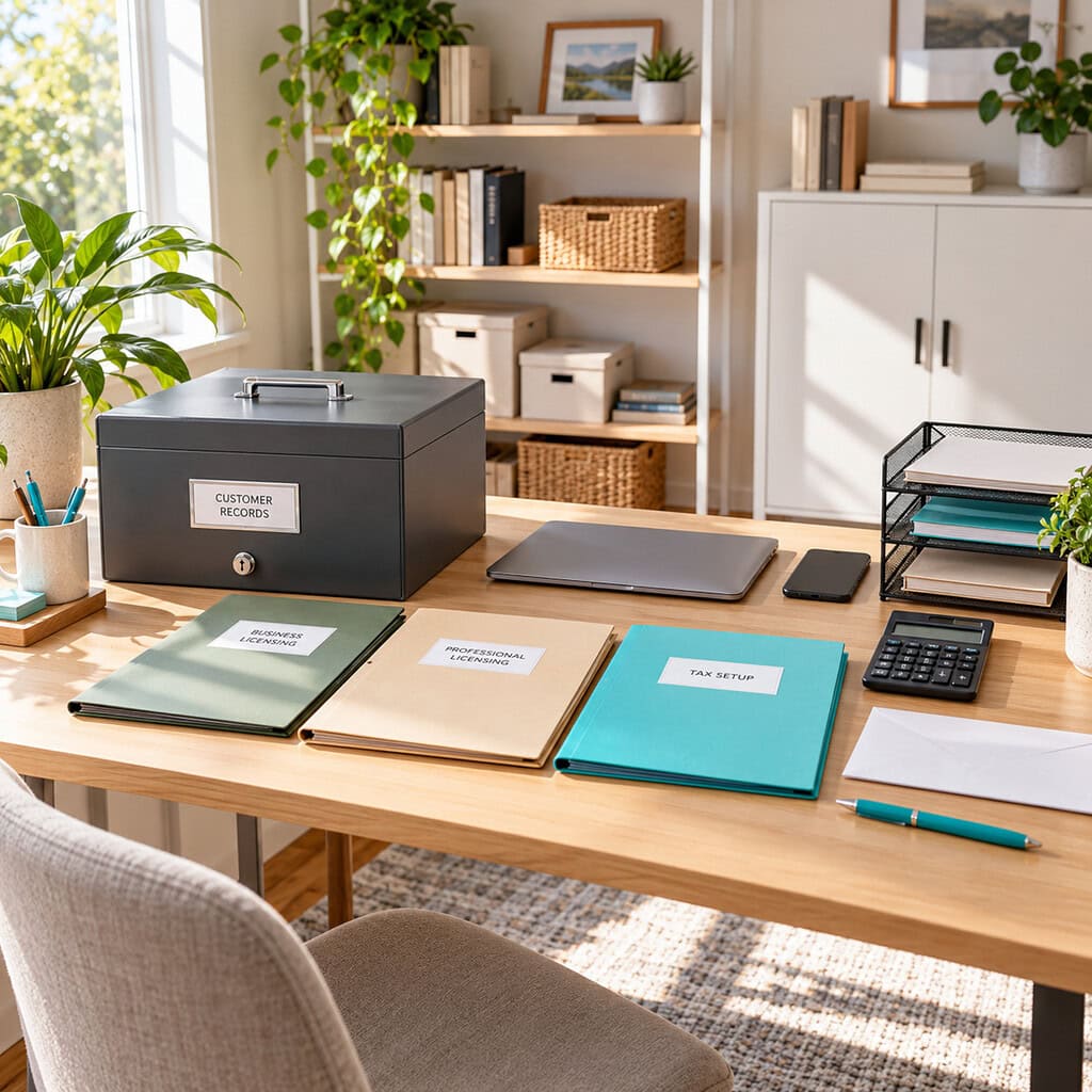 How to Start an Online Business With Less Guesswork 5 Online business compliance desk with closed licensing folders, secure customer records, and tax preparation tools.