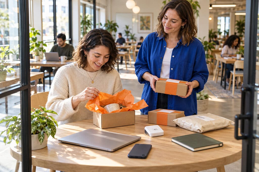 How to Start an Online Business With Less Guesswork 2 Online business founder watches a first customer open a compact test order in a bright coworking lounge.