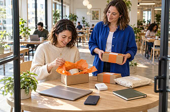 Online business founder watches a first customer open a compact test order in a bright coworking lounge.