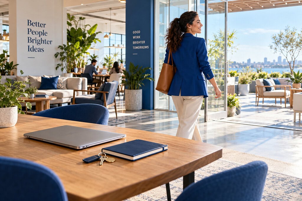 Passive Income Business Ideas and Opportunities in 2026 2 Entrepreneur leaves a bright coworking setup, showing passive income business ideas built to survive owner absence.