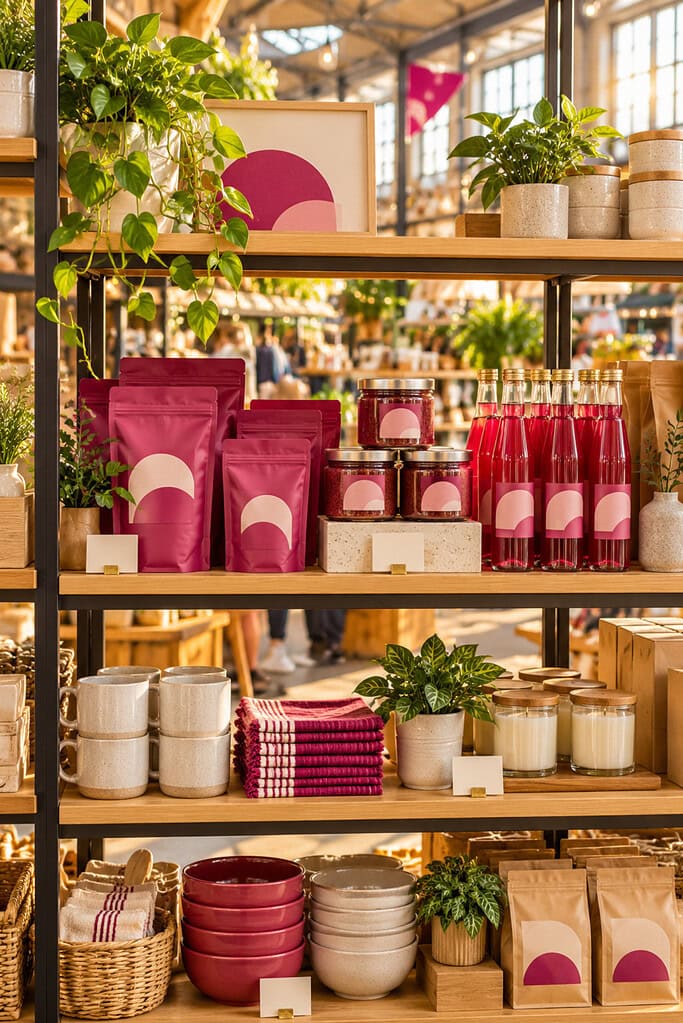 Passive Income Business Ideas and Opportunities in 2026 6 Magenta niche products stand out on a busy retail wall, showing passive income business ideas can work in crowded markets.