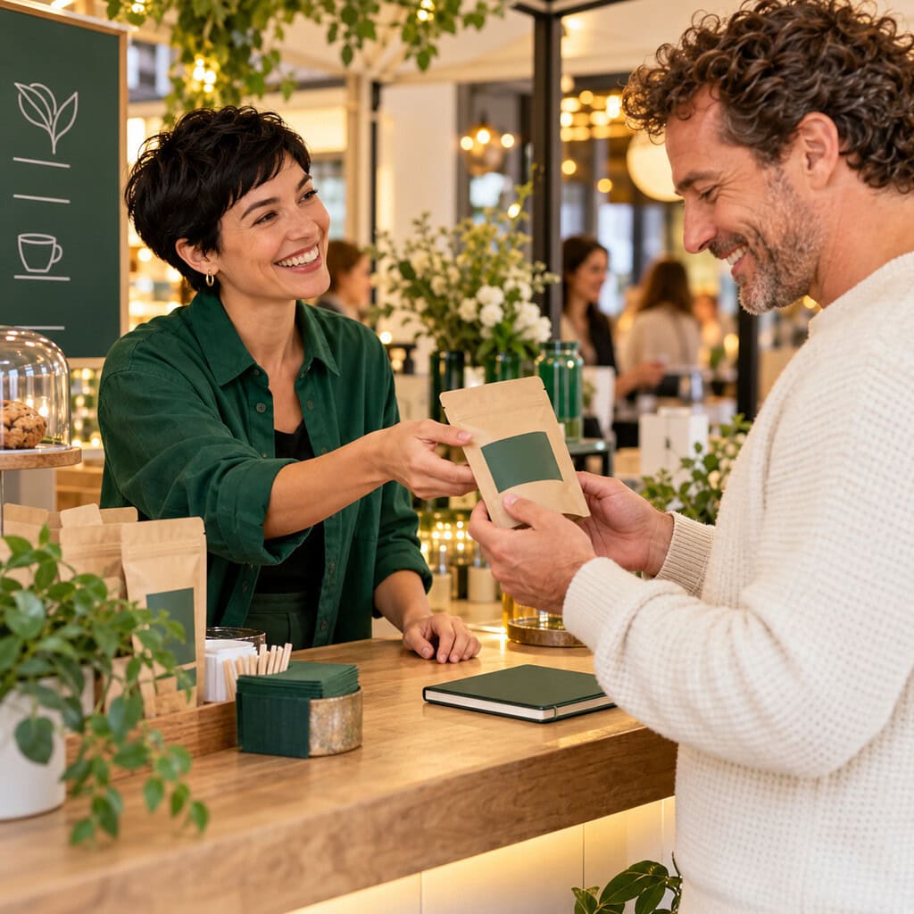 Passive Income Business Ideas and Opportunities in 2026 5 Founder hands a pilot product to a cafe customer, testing passive income business ideas before heavy spending.
