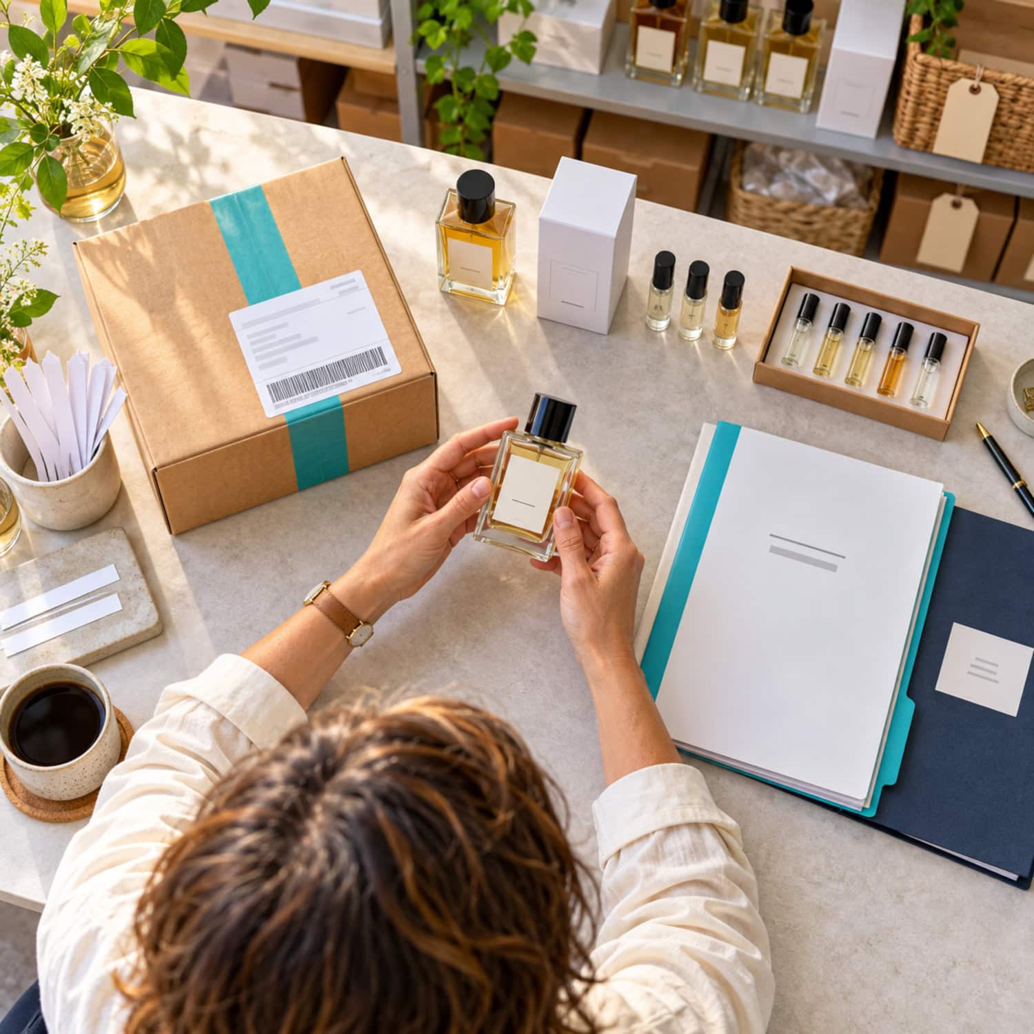 How to Start a Perfume Business Without Drowning in Inventory 12 Perfume business compliance review with a labeled bottle, sealed parcel, and closed supplier document folder.