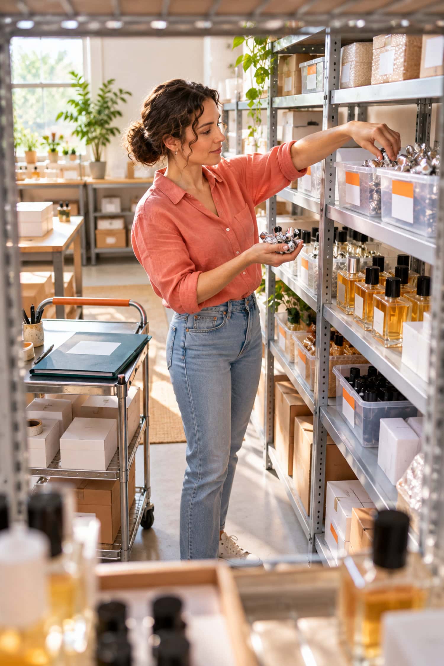 How to Start a Perfume Business Without Drowning in Inventory 13 Perfume business founder restocks component bins after batch production beside a closed receipts folder.