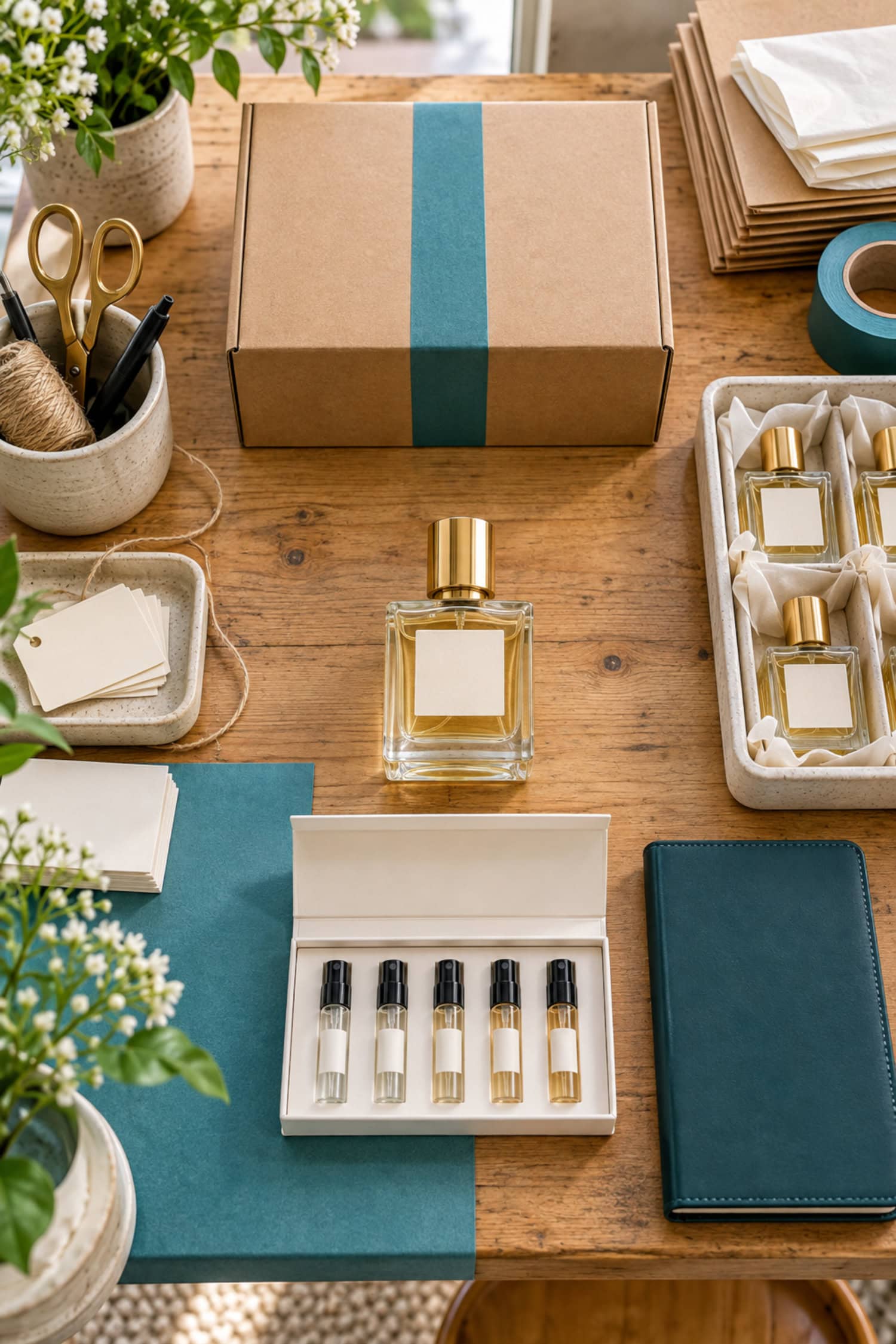 How to Start a Perfume Business Without Drowning in Inventory 14 Perfume business launch bench links a discovery set, full bottle, sealed parcel, and closed compliance folder.