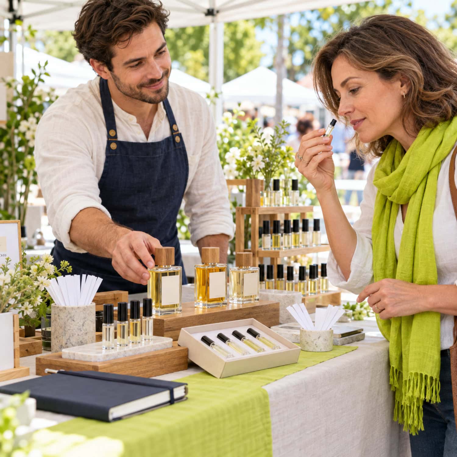 How to Start a Perfume Business Without Drowning in Inventory 11 Perfume business pop-up visitor smells a sample while the founder readies a full bottle across the market counter.