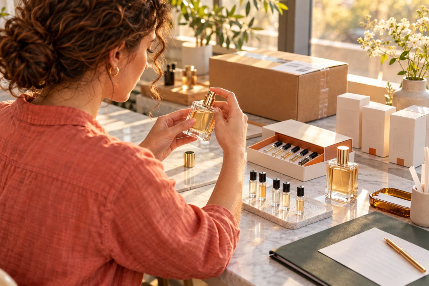 How to Start a Perfume Business Without Drowning in Inventory 10 Perfume business founder checks an atomizer beside sample vials and a sealed shipping parcel in a bright studio.