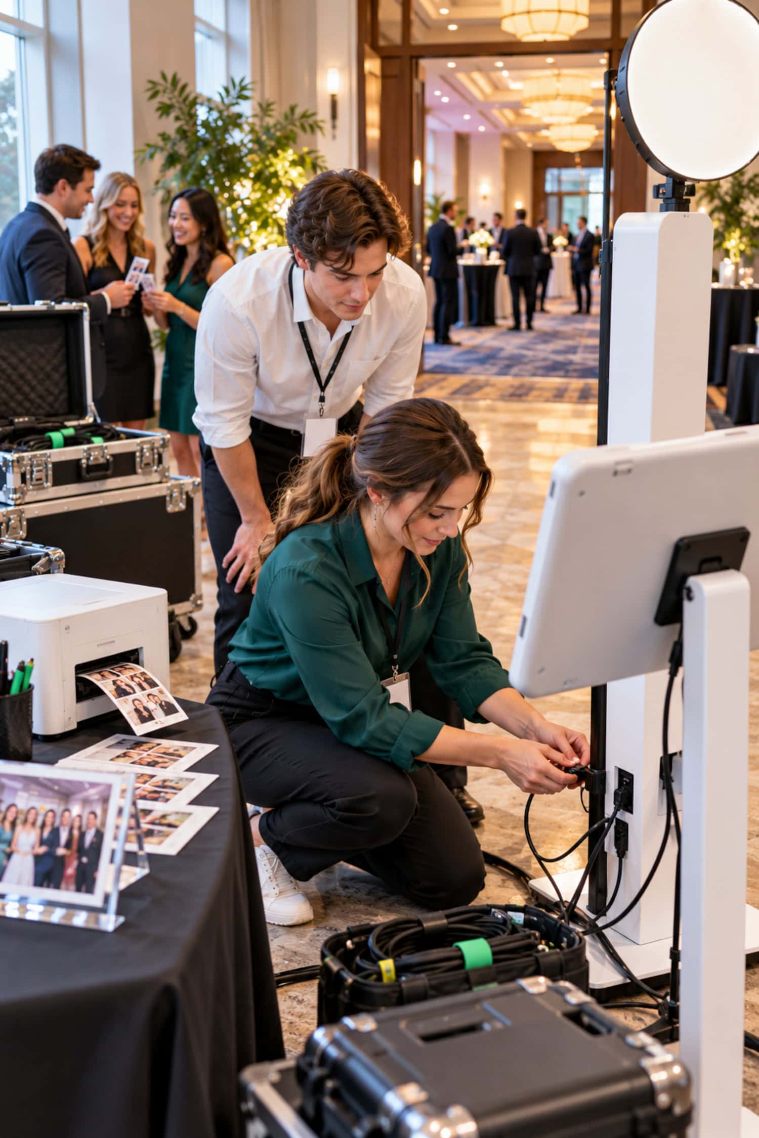 Photo booth business attendant replaces a spare power cable beside a printer and active booth during a corporate event.
