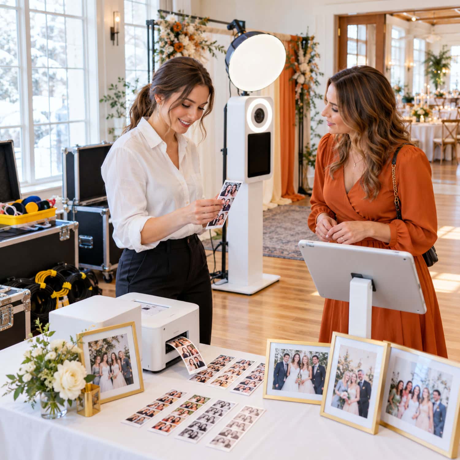 Photo booth business proof event with an attendant, wedding client, sample photo strips, backdrop, and sharing station.